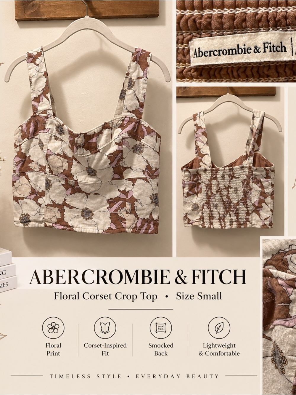 Abercrombie & Fitch Floral Corset Crop Top in Cream, Brown & Pink